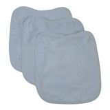 Pack 3 baberos rizo guardería color azul hielo con elástico. Lavables, exterior de rizo y reverso impermeable. Medidas: 33x29cm