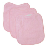 Pack 3 baberos rizo guardería color rosa con elástico. Lavables, exterior de rizo y reverso impermeable. Medidas: 33x29cm